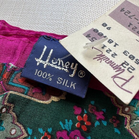 Vintage Silk Scarf Honey NWT 10x50, Geometric Floral Print, Fuchsia Green Red - Picture 7 of 10